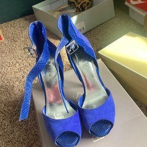 Blue bakers, suede snake, ankle strap heels